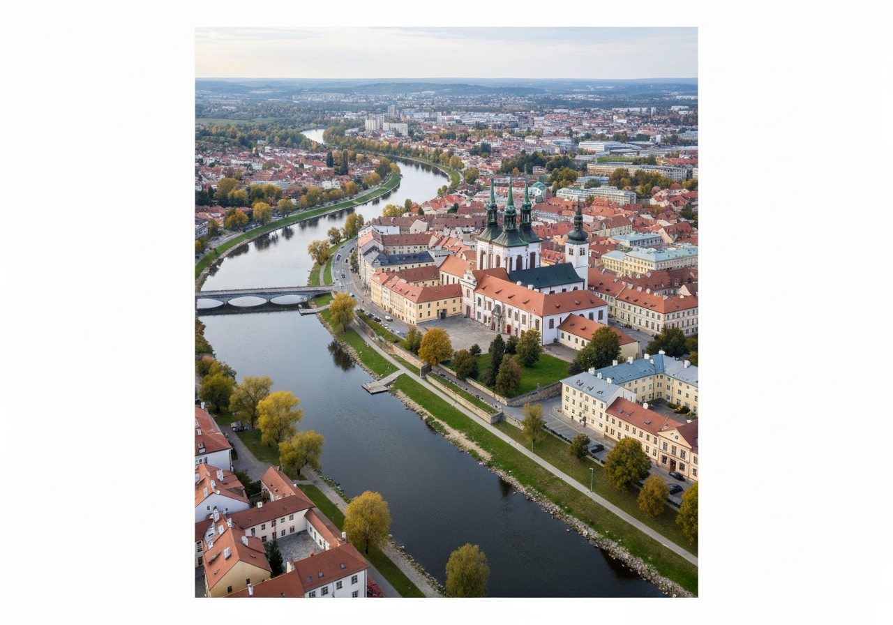 Aerial view of the historic city of Pisek, Otava river flowing through the center, modern logistics and urban infrastructure, soft natural light, editorial architectural photography, 85mm lens, highly detailed, no text, no letters