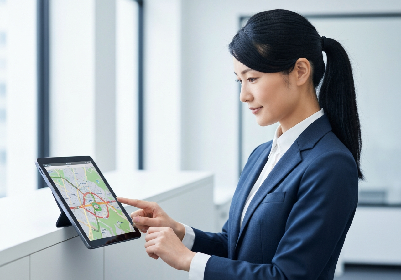 A professional logistics manager using a modern tablet to verify a digital map, clean office environment, premium editorial photography, soft natural light, 85mm lens, high resolution, no text, no words, no letters