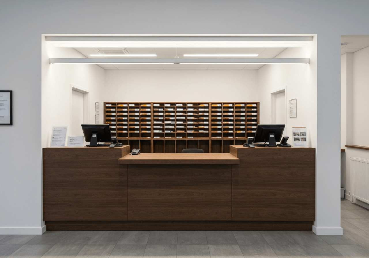 A high-quality editorial shot of a clean, modern post office service counter in a small town, featuring organized parcel slots and professional aesthetics, soft natural light, 85mm lens, minimalist composition, no text, no words, no letters