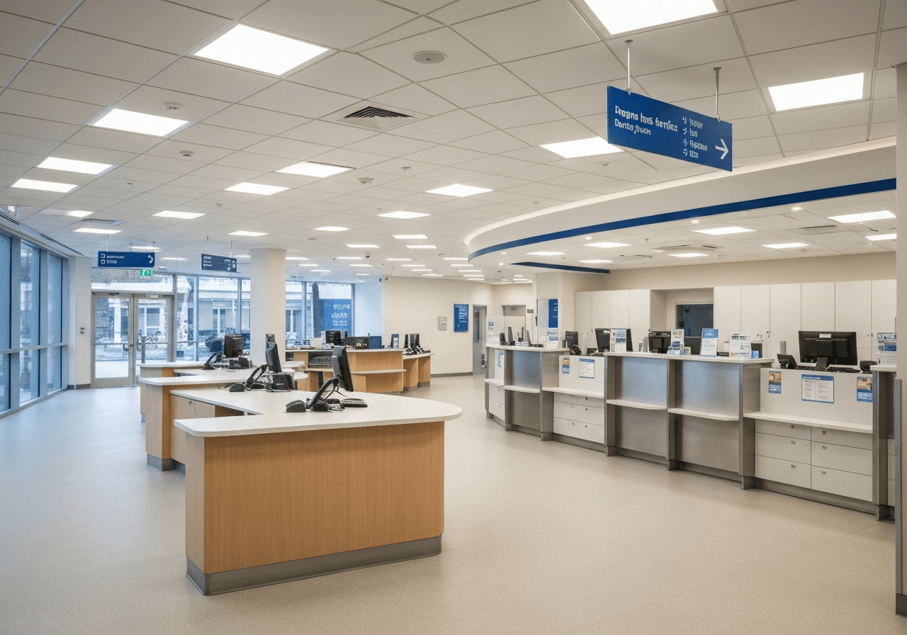 A professional, modern postal service branch interior with clean signage and organized space, aesthetic editorial photography, soft natural light, 85mm lens, high resolution, no text, no words, no letters.