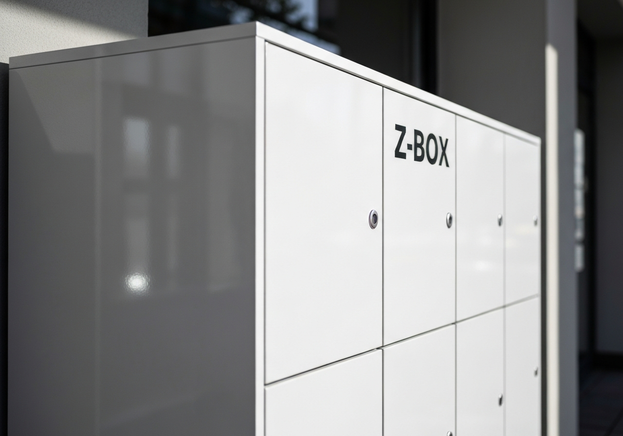 A sleek, modern Z-BOX locker unit positioned in a clean urban environment in Hradec Králové, soft natural light, shallow depth of field, 85mm lens, professional editorial aesthetic, no text, no words, no letters.