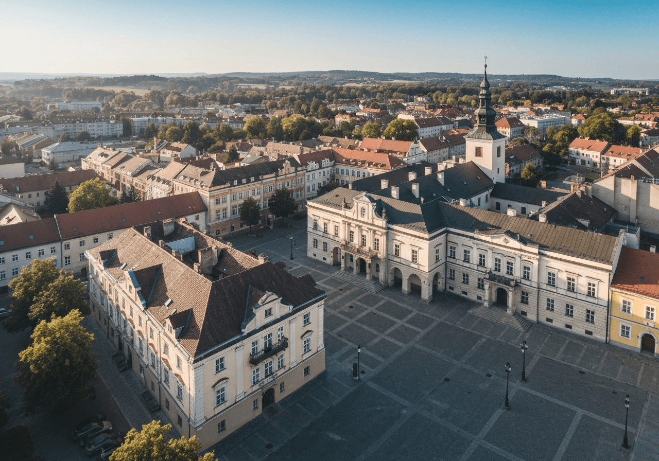 PSČ Vsetín: Rychlý přehled pro všechny čtvrti (2026) 3 Aerial wide-angle view of the historic Vsetín town square and administrative buildings, clear sunny day, soft natural morning light, cinematic atmosphere, 85mm lens, high resolution, no text, no words, no letters