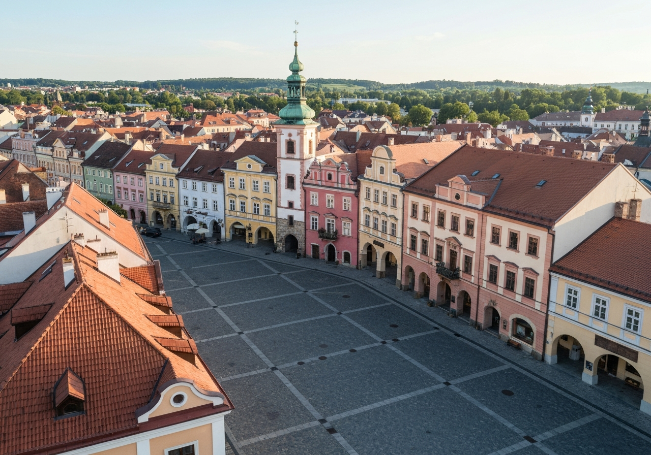 Aerial view of the historic Hranice city square, vibrant architecture, sunny afternoon, editorial photography, soft natural light, 85mm lens, highly detailed, no text, no letters