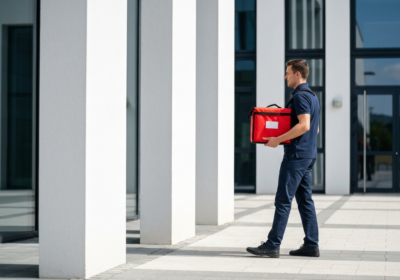 A professional courier delivering a package to a modern office building in Hranice, bright daylight, clean architectural lines, editorial photography, 85mm lens, soft natural lighting, high contrast, no text, no words, no letters