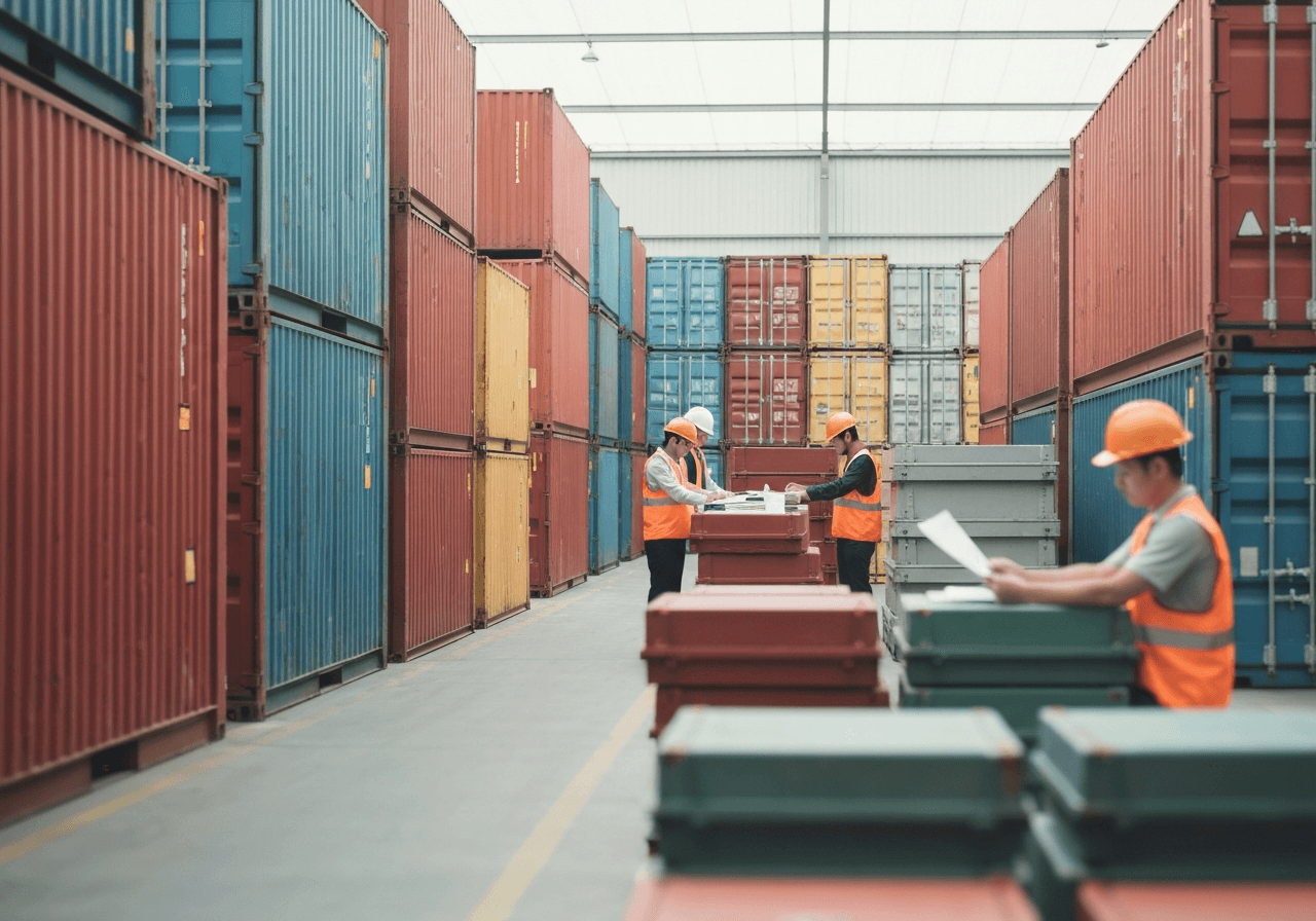 A professional logistics warehouse scene with shipping containers and paperwork, clean and modern aesthetic, soft natural daylight, shallow depth of field, 85mm lens, highly detailed, no text, no words, no letters.