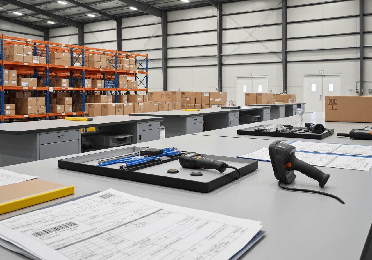 A professional logistics warehouse setting featuring shipping labels, customs documents, and a handheld barcode scanner, modern clean aesthetic, editorial photography, soft natural lighting, 85mm lens, high resolution, no text, no words, no letters.