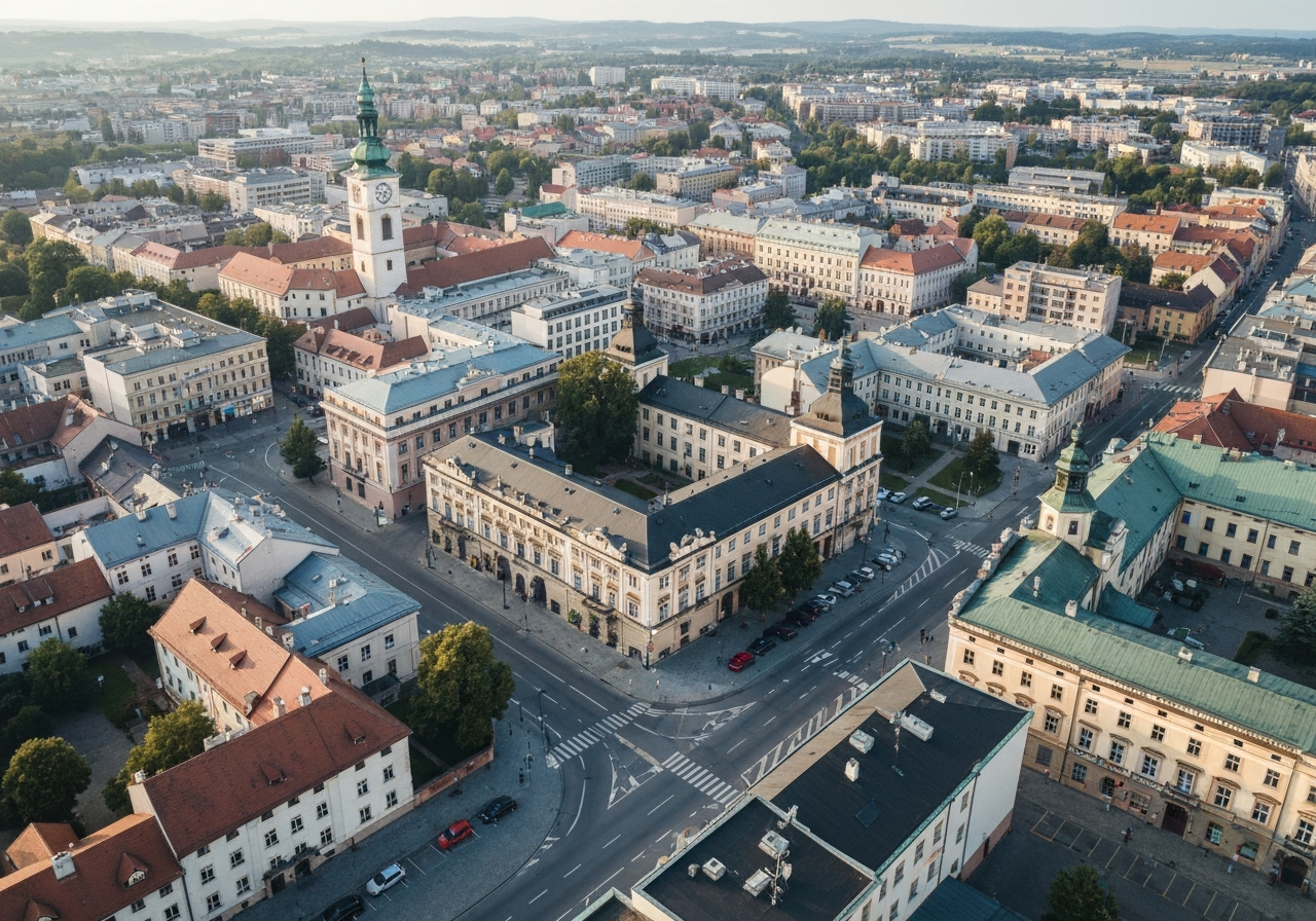 Aerial view of Trutnov city center with organized street blocks and historical architecture, modern clean aesthetic, editorial photography, soft natural morning light, 85mm lens, high resolution, no text, no letters