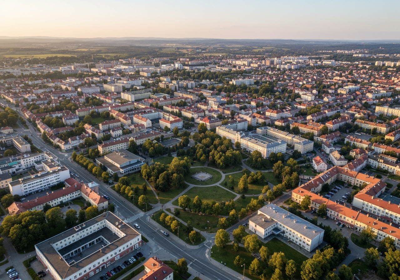 Aerial view of Trutnov city layout during golden hour, highlighting distinct urban zones and residential neighborhoods, modern professional photography, 85mm lens, sharp focus, neutral tones, no text, no words, no letters.