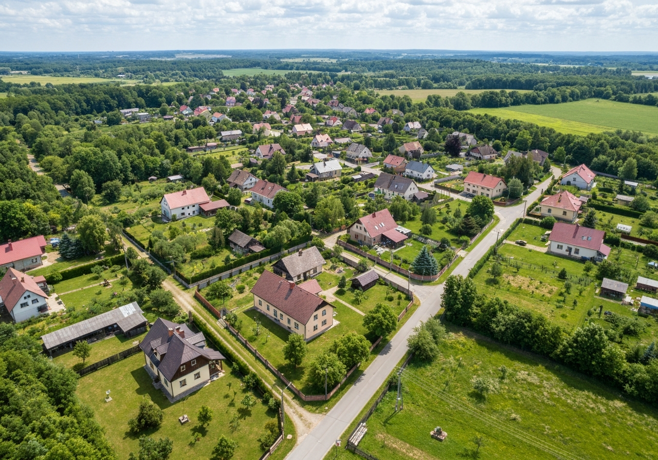 Aerial wide shot of the village of Doksy in the Kladno district, lush greenery surrounding residential houses, peaceful atmosphere, high-end editorial photography, natural daylight, sharp focus, 85mm lens, no text, no words, no letters
