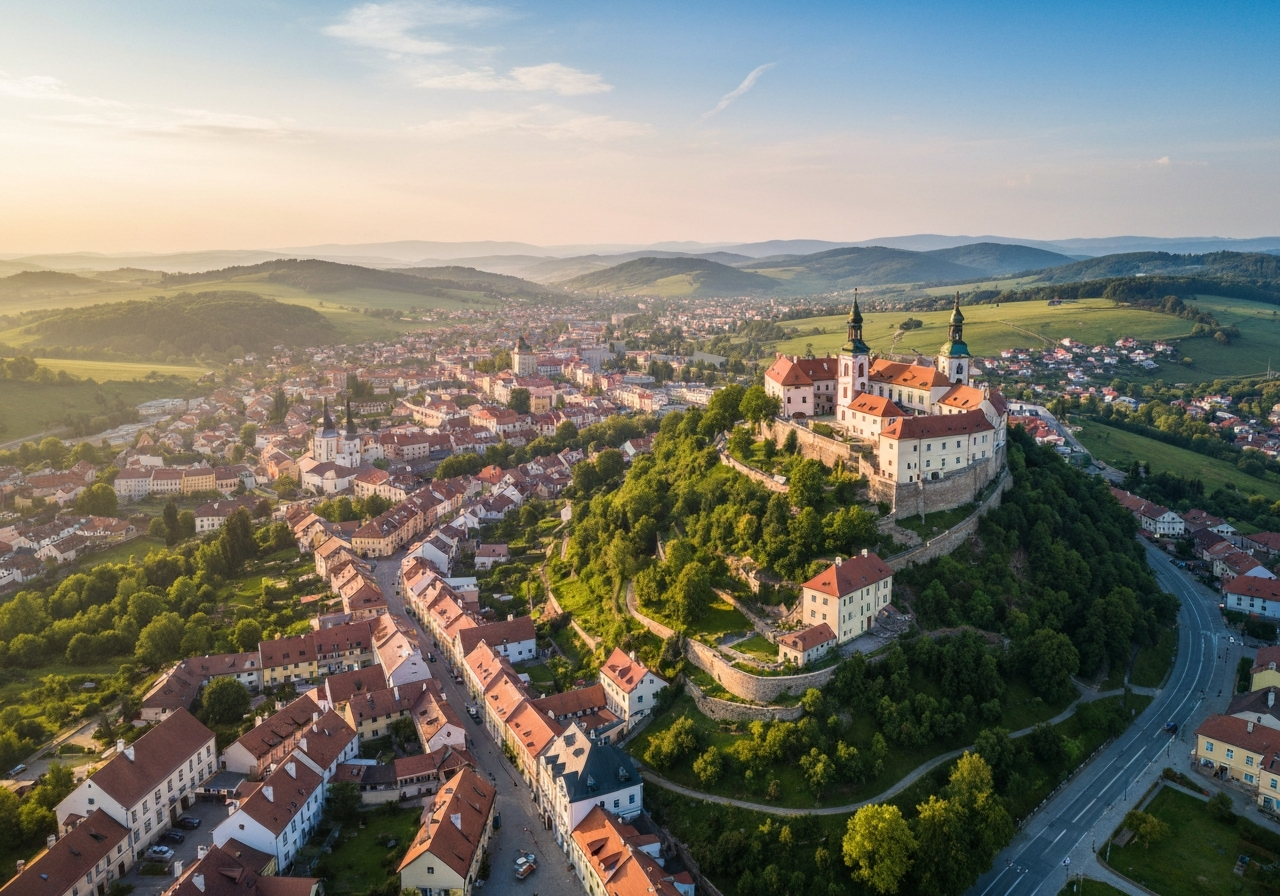 Aerial wide shot of Turnov city nestled in the lush landscape of the Bohemian Paradise, soft morning sunlight, cinematic composition, 85mm lens, high resolution, no text, no letters