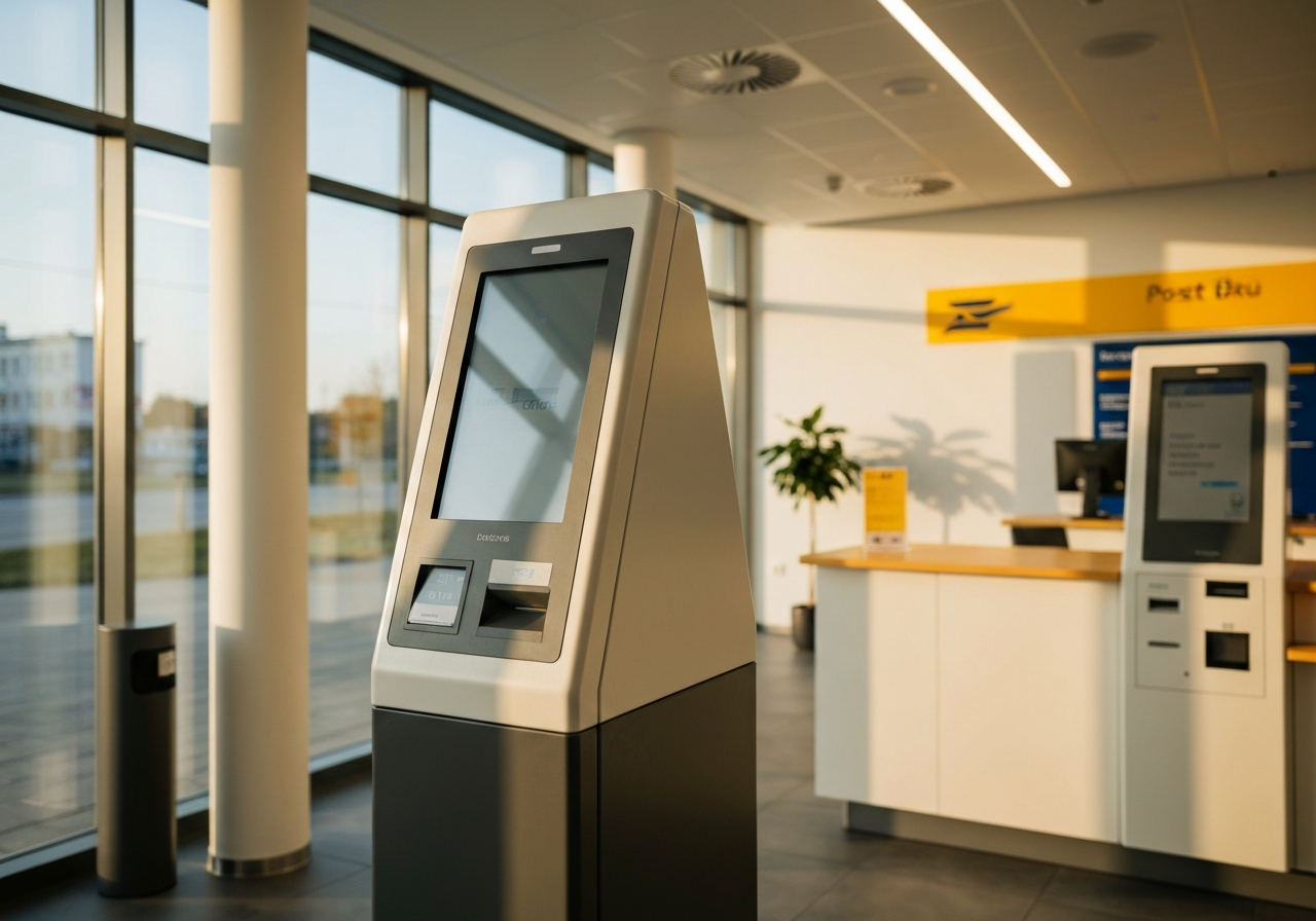 A professional, modern post office interior in the Czech Republic, clean minimalist design, warm natural morning light, high-end editorial aesthetic, focus on a digital queue kiosk, 85mm lens, depth of field, no text, no words, no letters