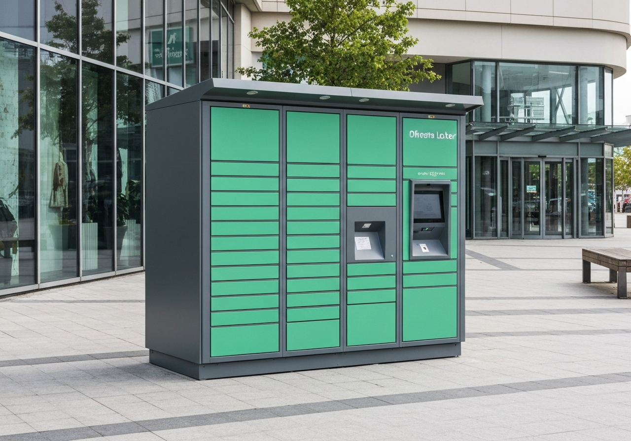 A high-tech automated parcel locker station standing in a modern, clean outdoor environment near a shopping center, editorial photography, soft natural light, 85mm lens, depth of field, no text, no words, no letters