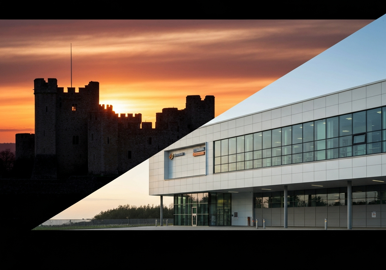 A split-screen composition showing an old stone castle silhouette in the background and a modern postal sorting facility in the foreground, editorial photography, clean and professional, soft natural light, 85mm lens, highly detailed, no text, no letters