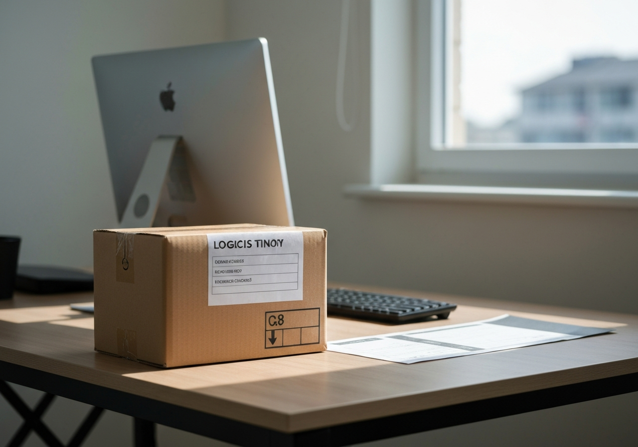 A professional, organized logistics workspace with a neatly labeled parcel, modern minimalist desk, soft natural morning light, editorial photography style, 85mm lens, high quality, no text, no letters