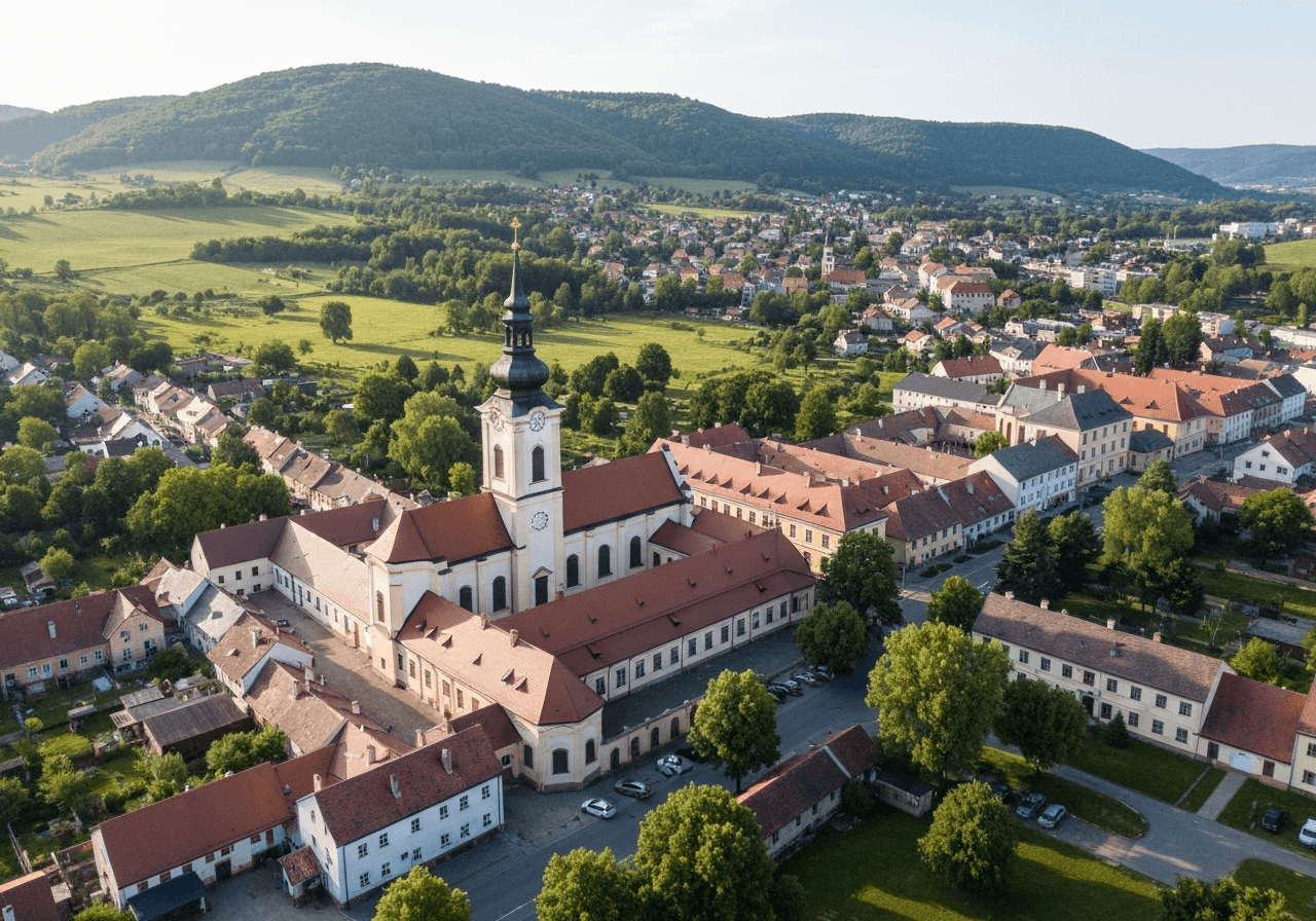 Aerial view of Vizovice town landscape in the Zlin region, lush green hills in the background, soft natural sunlight, clean editorial style, 85mm lens, high resolution, no text, no letters