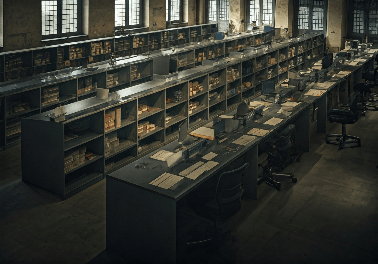 A high-angle editorial shot of a modern, clean postal sorting office in a historic European town, focus on orderly packages and clear organization, soft natural light, 85mm lens, high-end professional photography, no text, no letters.