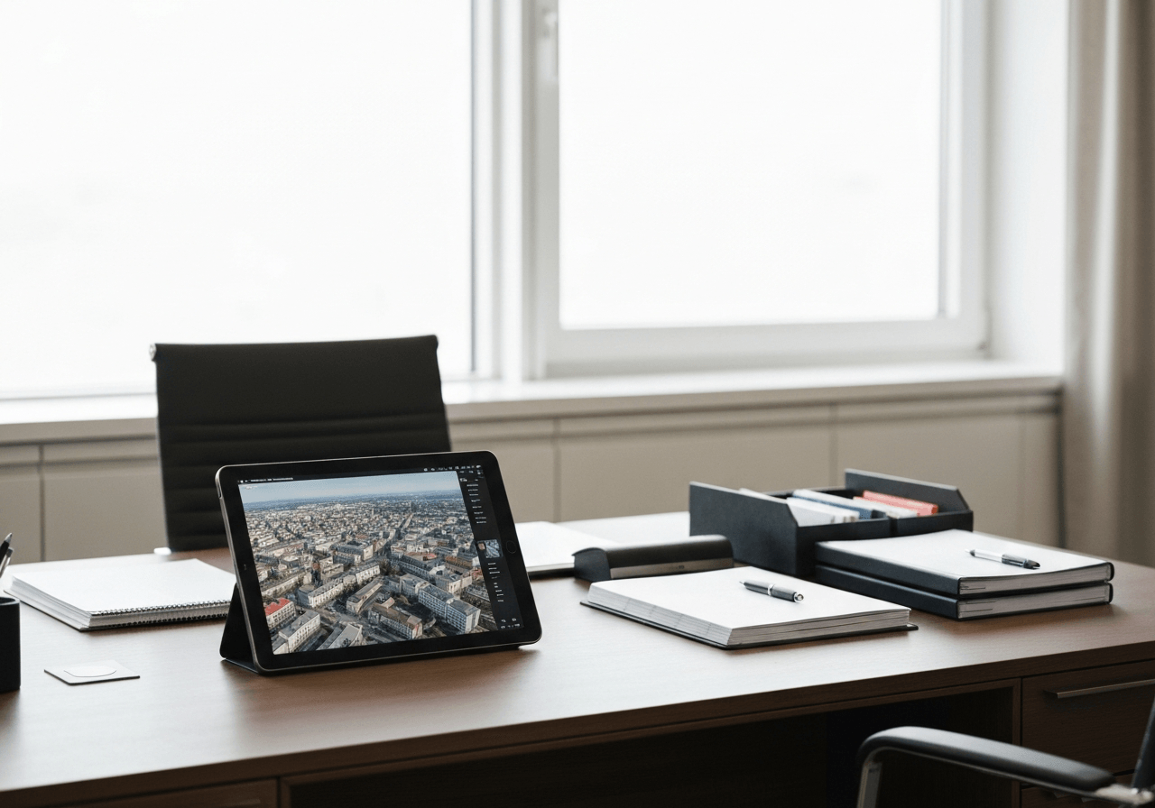 Professional office desk in a modern Beroun business center, aerial map on a tablet screen, organized documents, soft natural light, premium editorial style, 85mm lens, no text, no letters