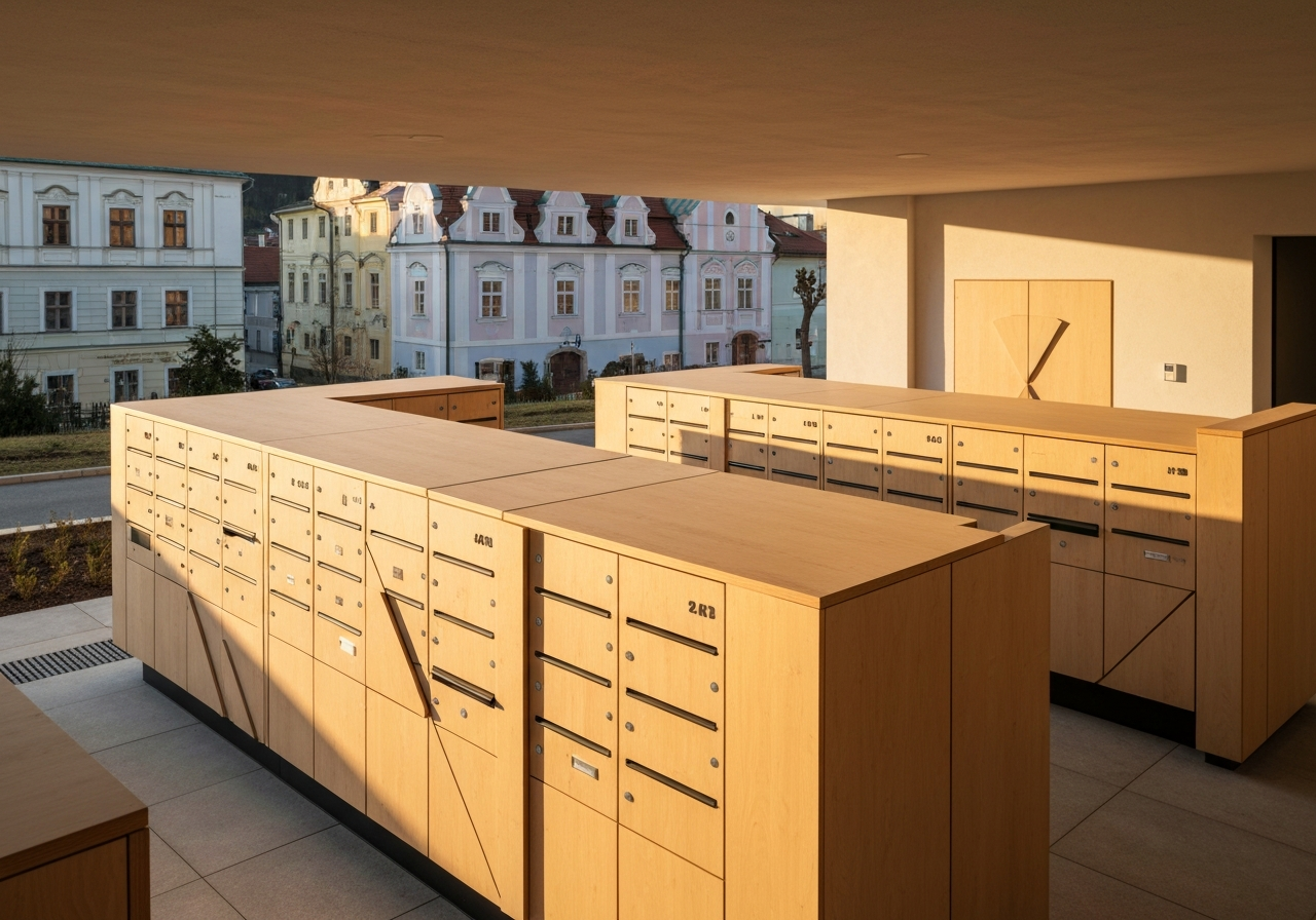 A high-angle editorial shot of a modern, organized mailbox area in a Czech spa town, sleek architecture, warm morning sunlight, 85mm lens, minimalist aesthetic, no text, no letters.