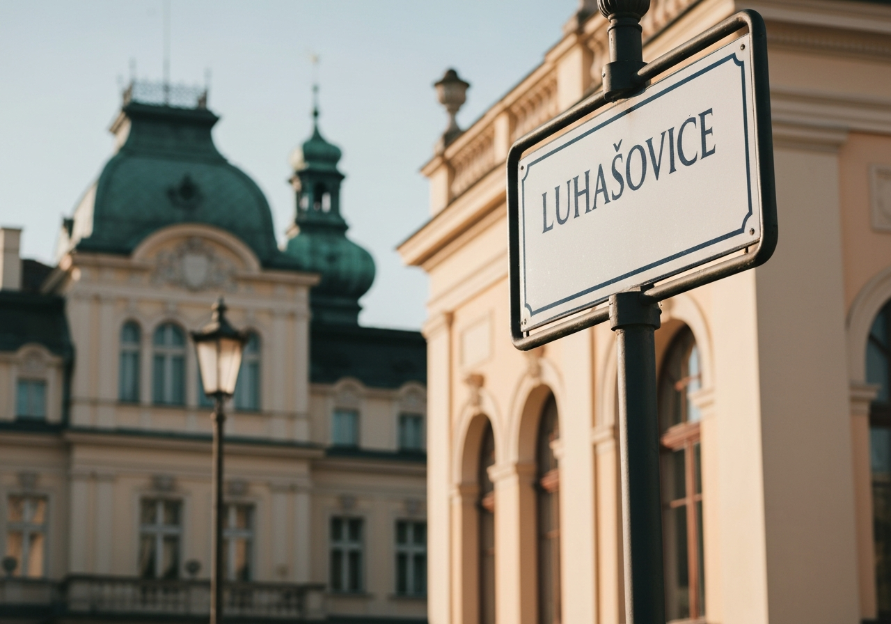 A scenic street sign in the historic spa town of Luhačovice, elegant architectural details of nearby spa buildings in the background, soft natural sunlight, editorial photography, 85mm lens, high resolution, no text, no words, no letters.