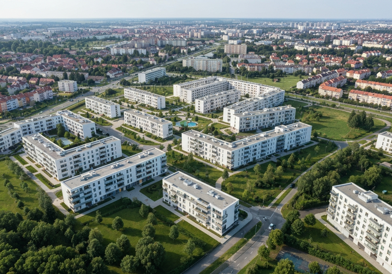 Aerial view of Brno-sever district with modern urban planning, clearly defined residential areas and green parks, clean cityscape, editorial architectural photography, soft natural light, 85mm lens, highly detailed, no text, no letters