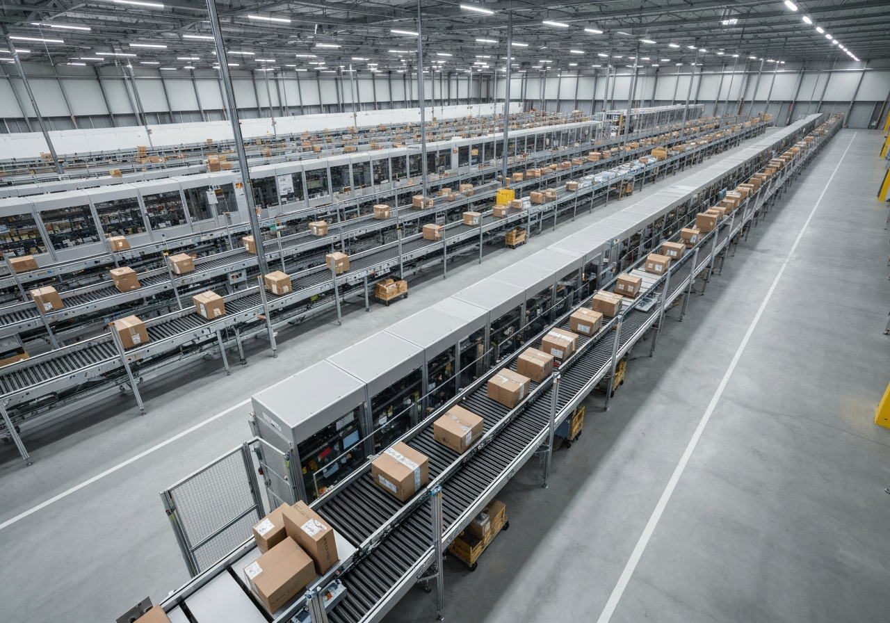Aerial view of a modern logistics sorting center, automated conveyor belts with packages, minimalist clean industrial design, premium editorial photography, soft studio lighting, 85mm lens, high resolution, no text, no words, no letters