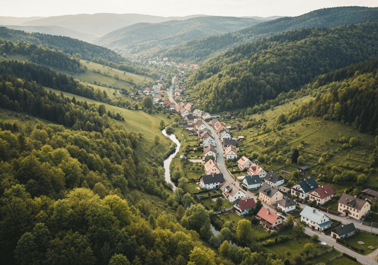 Aerial wide shot of the village Písek in the Beskydy mountains, lush green landscape of Moravian-Silesian region, editorial photography, soft natural light, 85mm lens, highly detailed, no text, no letters