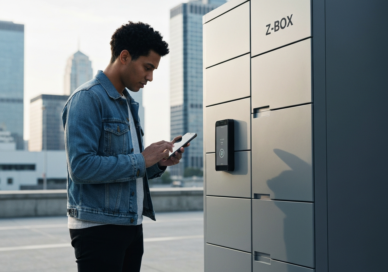 A person interacting with a minimalist, modern Z-BOX locker in an urban setting, soft natural light, editorial photography style, focus on the mobile phone and locker screen, 85mm lens, high resolution, no text, no words, no letters.