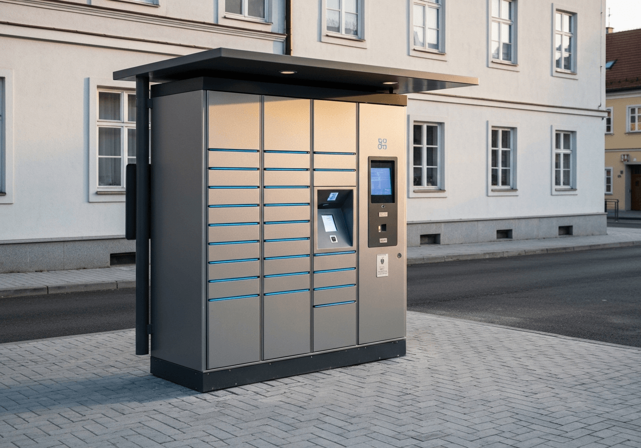 A sleek, modern automated parcel locker station standing in a clean, urban Teplice street setting, glowing LED interface, soft natural morning light, editorial photography style, 85mm lens, high resolution, no text, no letters, no people.