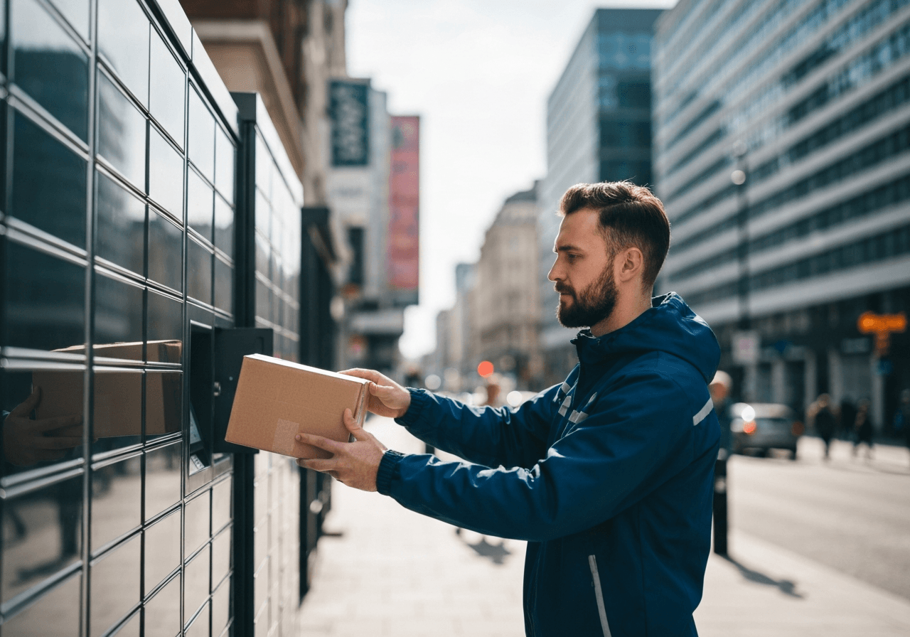 A professional courier placing a cardboard parcel into a sleek, modern automated locker unit, urban street background, bright daylight, editorial photography, cinematic depth of field, 85mm lens, high resolution, no text, no words, no letters.