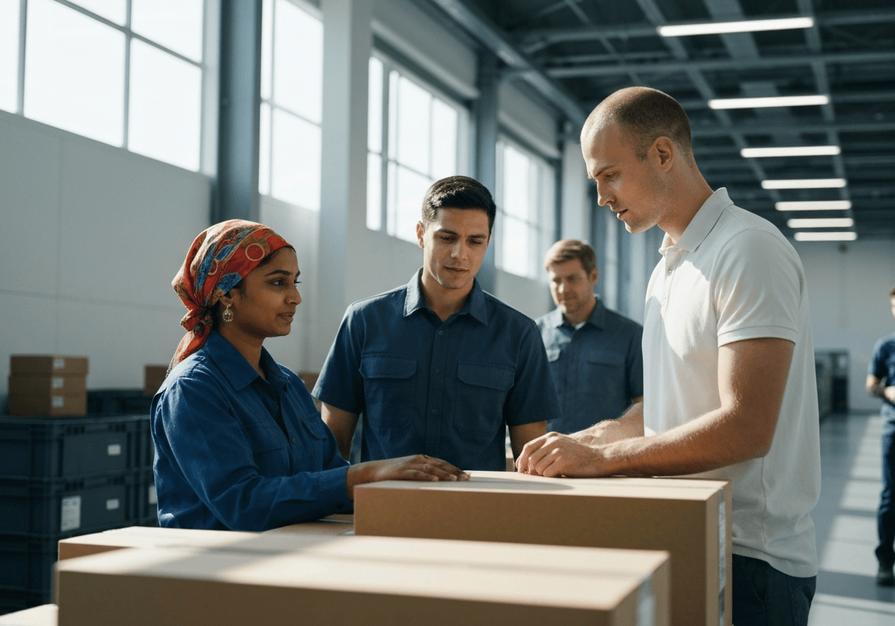 A diverse team of logistics professionals working in a modern, high-tech distribution center, natural sunlight filtering through windows, editorial photography, premium clean aesthetic, 85mm lens, no text, no words, no letters.