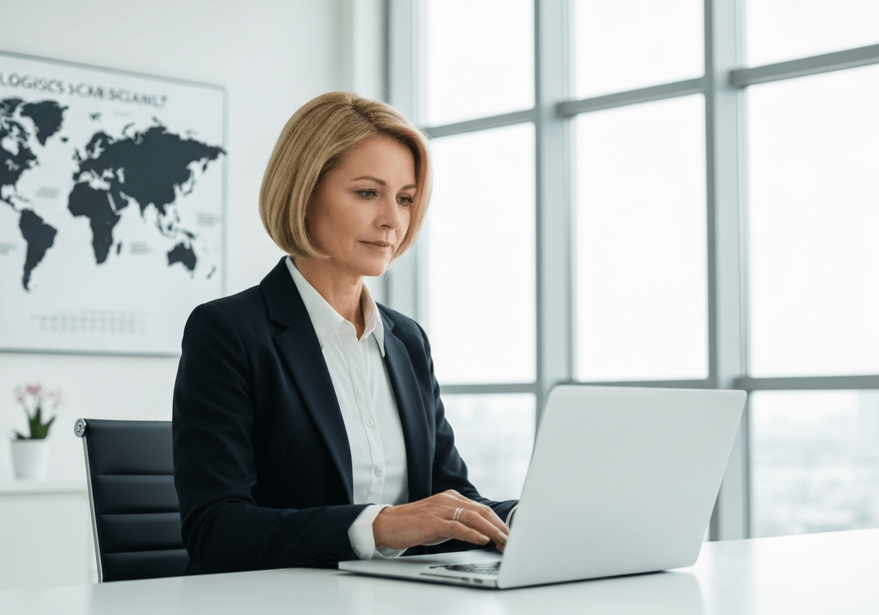 A professional logistics specialist using a sleek laptop in a modern, bright office with a global map background, Editorial photography, premium business aesthetic, soft natural light, 85mm lens, highly detailed, no text, no words, no letters