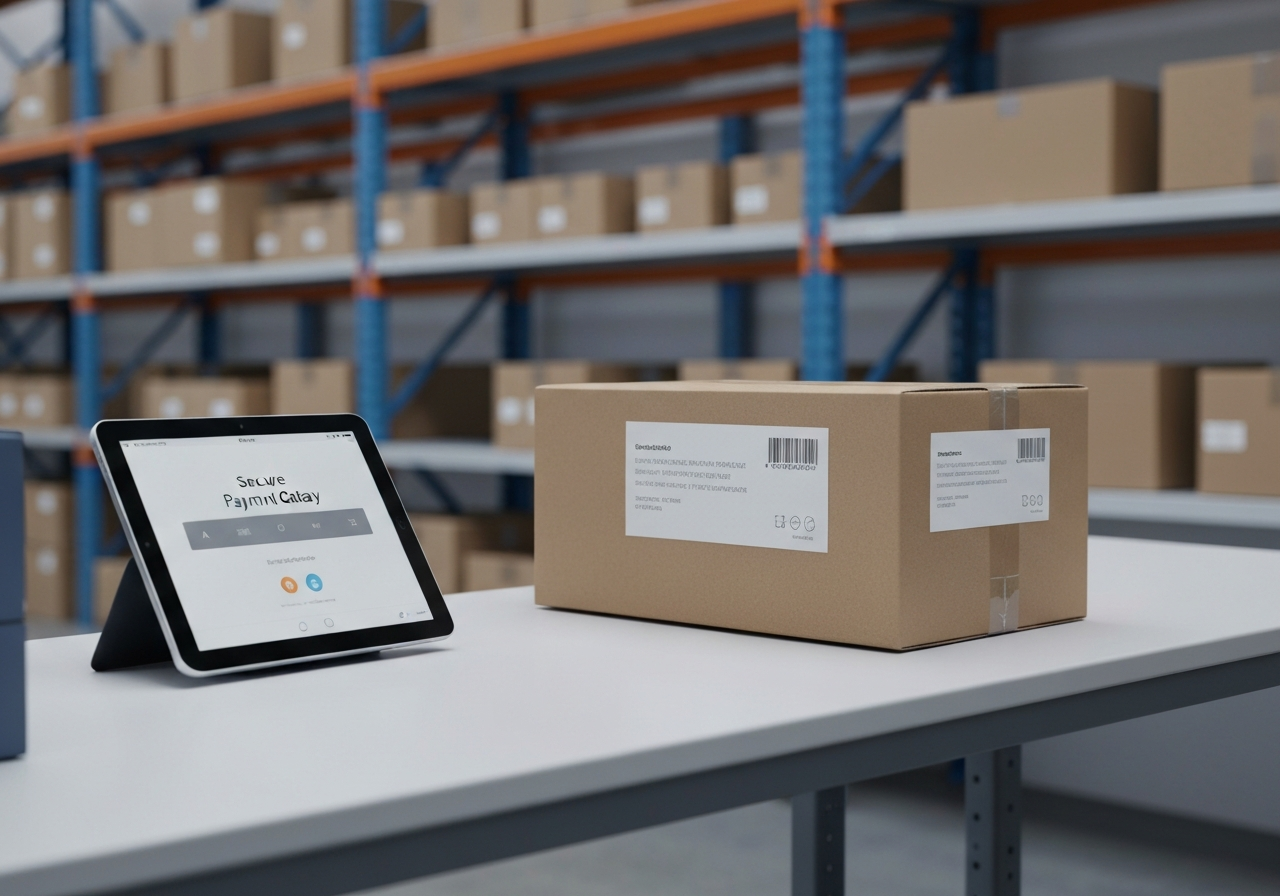 A professional logistics warehouse setting featuring a digital tablet displaying a secure payment gateway next to a neatly labeled parcel, clean and minimalist aesthetic, soft natural daylight, 85mm lens, high resolution, no text, no letters