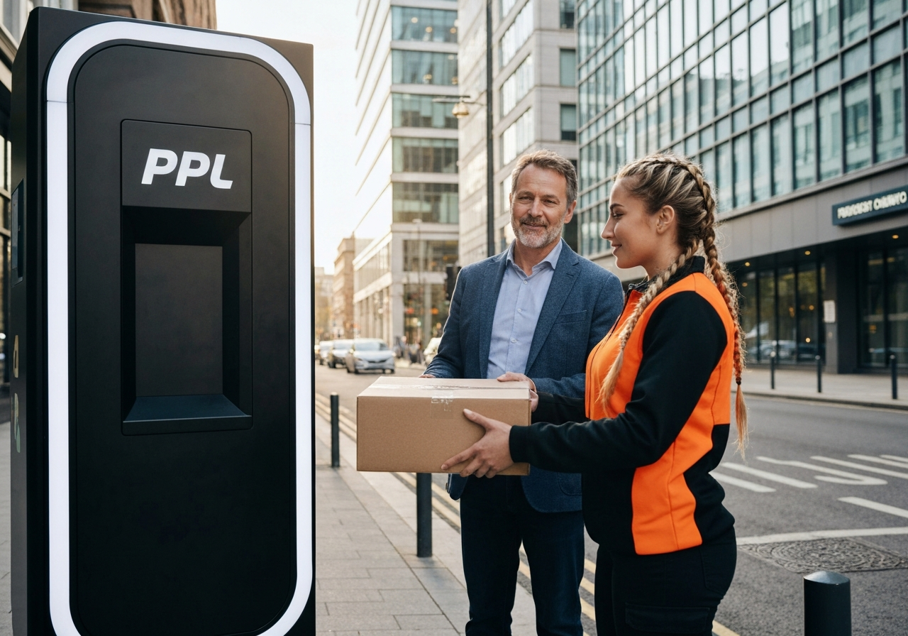 A professional logistics delivery person handing over a secure package to a customer at a modern, branded PPL pickup point, clean urban environment, editorial photography, soft natural light, 85mm lens, highly detailed, no text, no letters.