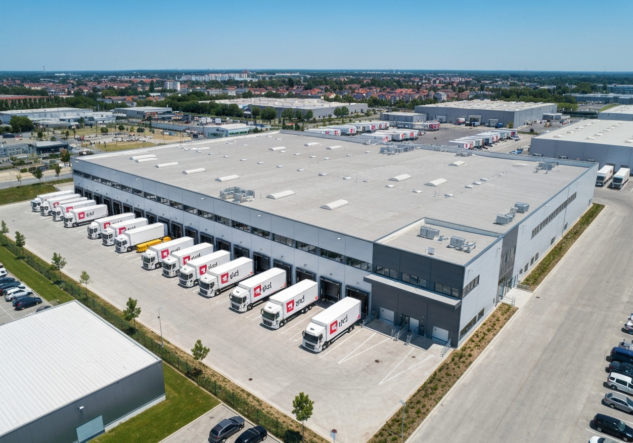 Aerial view of a modern, clean logistics center in a suburban industrial zone, DPD branded trucks parked in loading bays, bright daytime, professional architectural photography, 85mm lens, high resolution, no text, no letters.