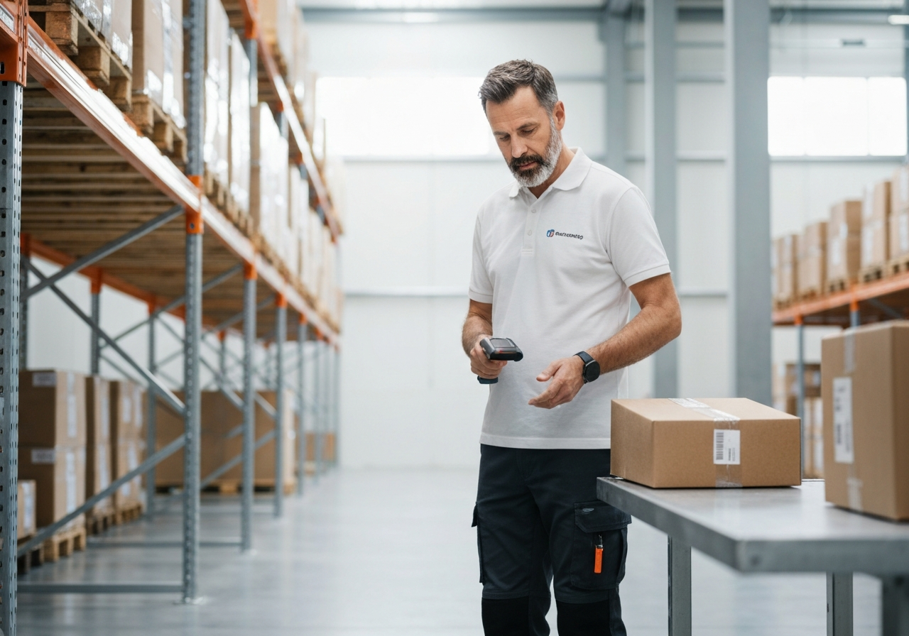 Editorial photography, a professional logistics worker scanning a parcel in a clean, modern warehouse environment, depth of field, soft natural light, 85mm lens, highly detailed, no text, no letters