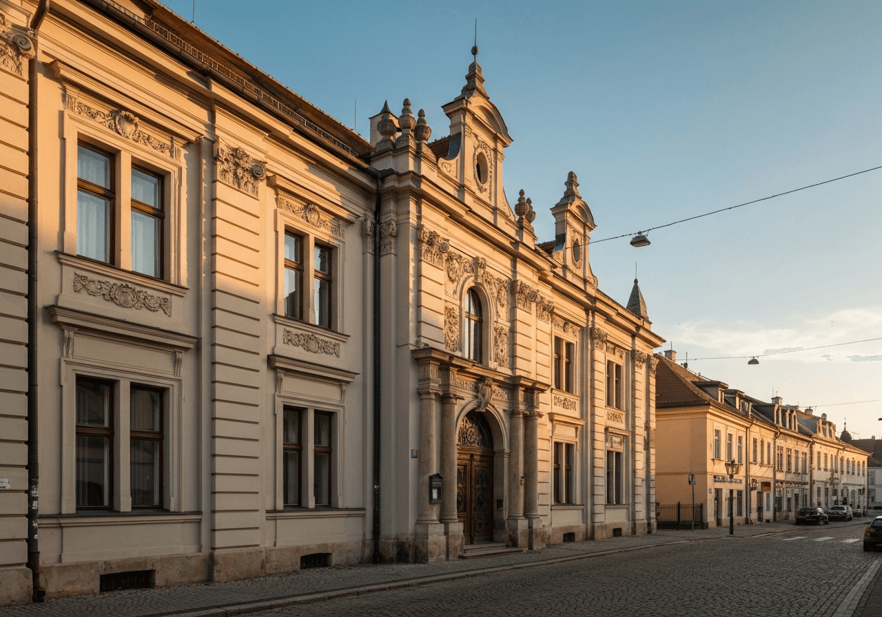 Exterior view of a historic central post office building in a charming Czech town, soft natural light, architectural photography, 85mm lens, high resolution, no text, no letters