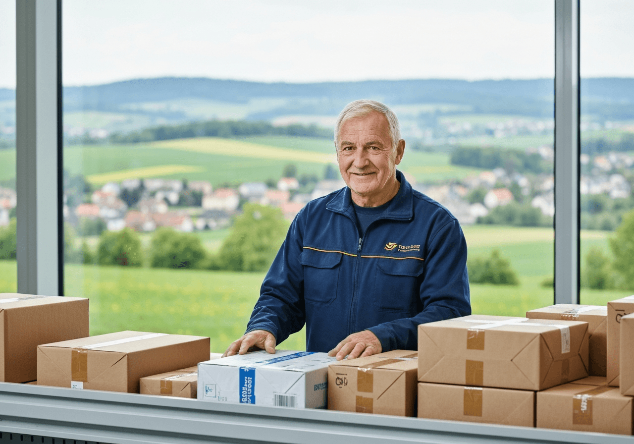 A professional postal worker organizing parcels in a bright, modern logistics center, blurred background of a scenic Vysočina landscape, editorial photography, soft natural light, 85mm lens, high resolution, no text, no letters