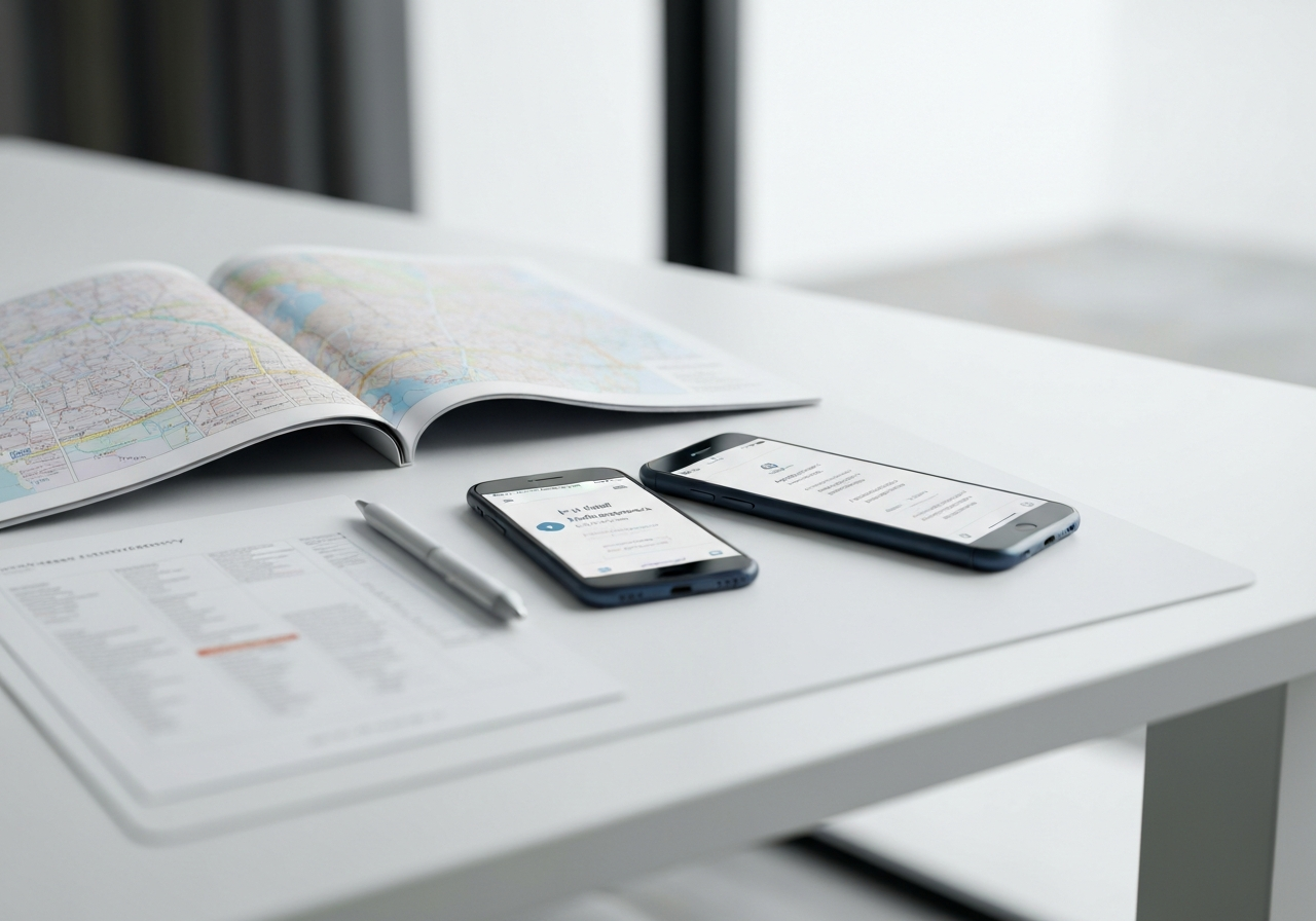 A high-angle close-up of a modern, clean desk with an open postal directory map and a smartphone displaying a digital address search tool, soft natural light, editorial photography style, 85mm lens, blurred background, no text, no words, no letters.