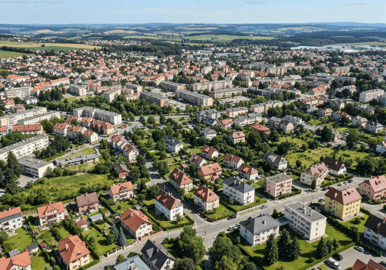 Aerial wide-angle view of the town of Nehvizdy, modern architecture and green residential areas, peaceful central Bohemian landscape, bright daylight, high-resolution editorial photography, 85mm lens, no text, no words, no letters