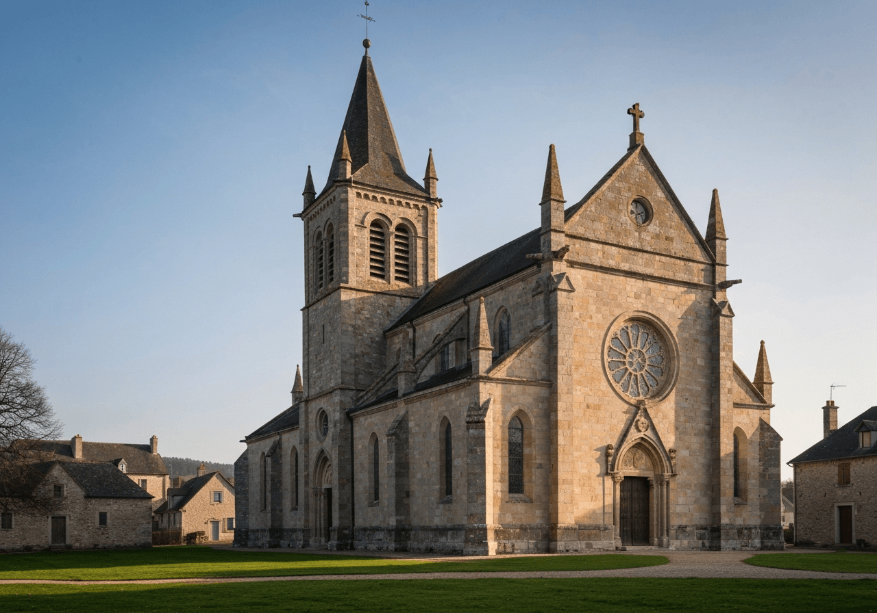 A majestic historic church with stone masonry, elegant architectural details, serene outdoor setting in a peaceful village environment, editorial photography, soft natural light, 85mm lens, depth of field, no text, no words, no letters