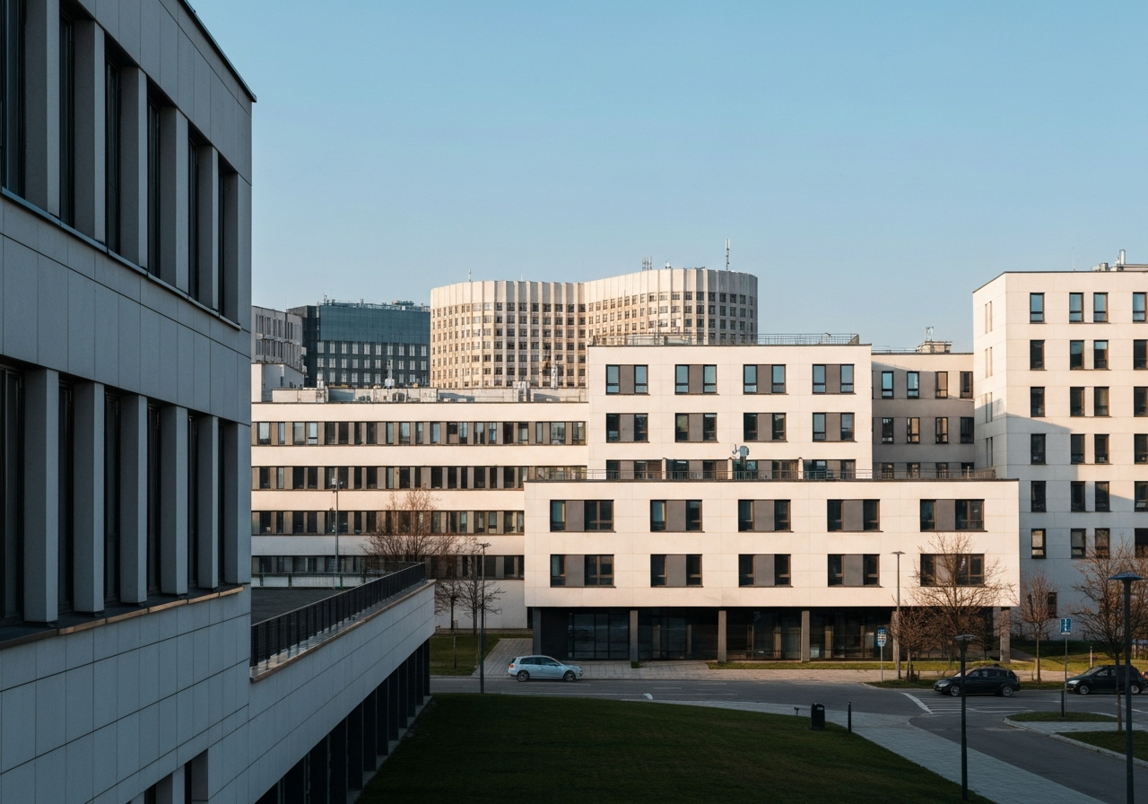 A professional, modern view of the Sokolov city landscape with administrative buildings in the background, clean architectural lines, soft natural daylight, editorial photography, 85mm lens, high quality, no text, no letters