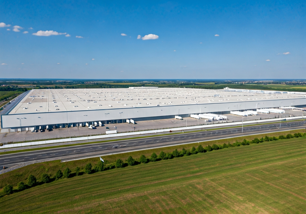 Aerial view of a modern logistics distribution center near a highway in the Sokolov region, clean industrial aesthetic, soft natural daylight, 85mm lens, high resolution, no text, no letters