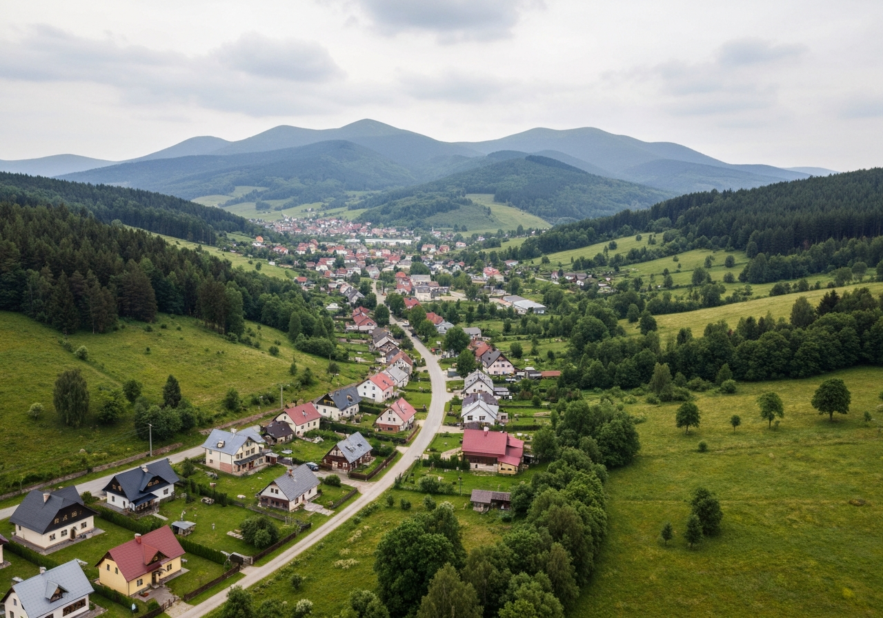 Aerial wide shot of Velké Hamry nestled in a lush green valley surrounded by Jizerské hory mountains, clean atmosphere, soft natural light, editorial landscape photography, 85mm lens, highly detailed, no text, no letters