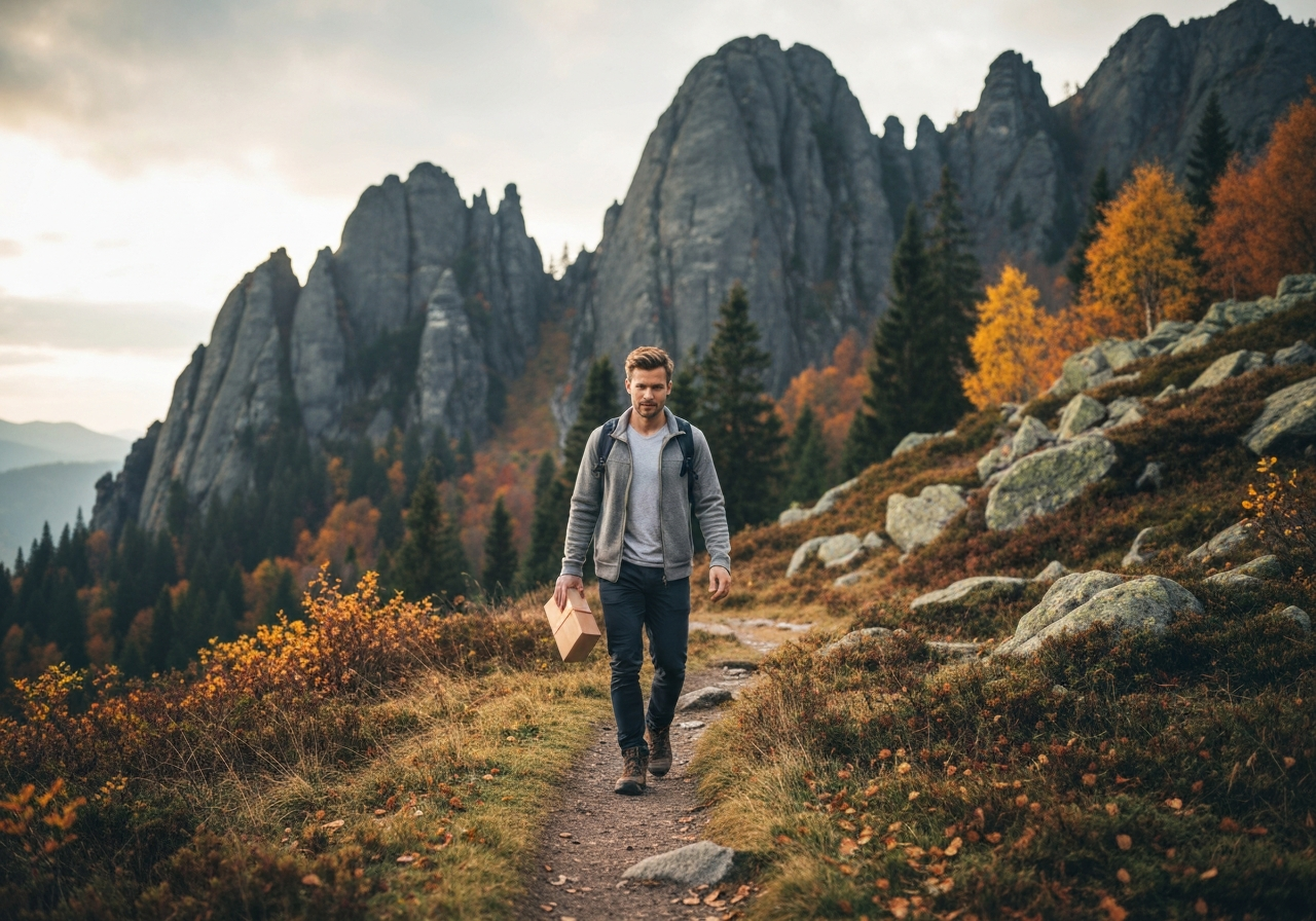 A professional person walking through the scenic Jizera Mountains landscape in autumn, holding a small package, blurred mountain background, editorial photography, soft natural light, 85mm lens, highly detailed, no text, no letters