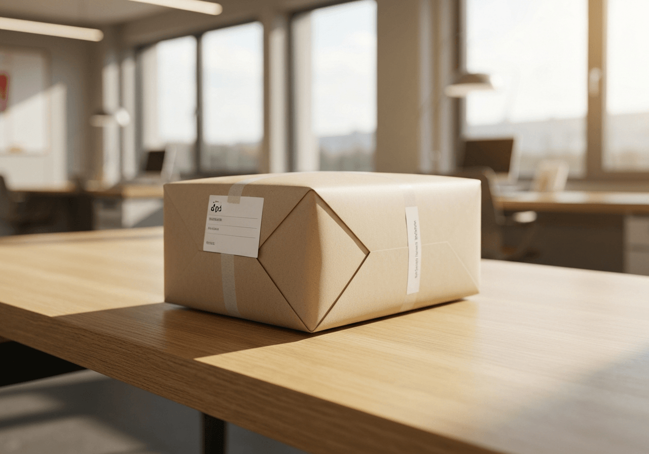 A neat, minimalist parcel packaging ready for return on a clean wooden desk, blurred background of a modern DPD Pickup point interior, soft natural morning light, editorial photography, 85mm lens, high resolution, no text, no words, no letters.