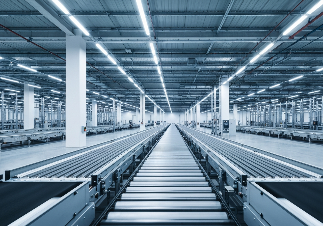 A wide shot of a modern automated logistics warehouse interior in Usti nad Labem, sleek conveyor belts, bright industrial lighting, minimalist high-tech aesthetic, editorial photography, 85mm lens, high resolution, no text, no letters