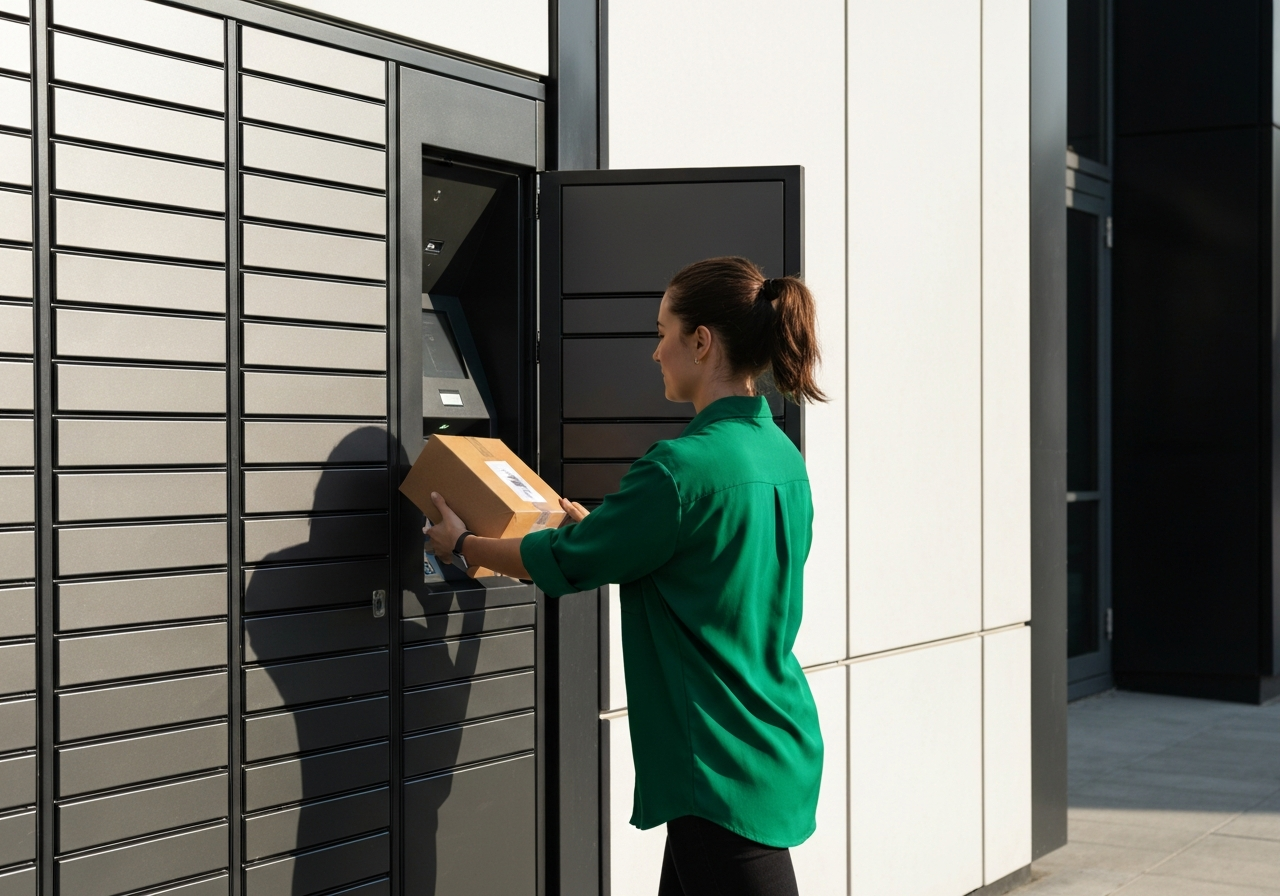 A sleek, modern automated parcel locker in an urban setting during a sunny afternoon, a person effortlessly picking up a package, clean architectural lines, editorial photography, soft natural light, 85mm lens, high resolution, no text, no words, no letters