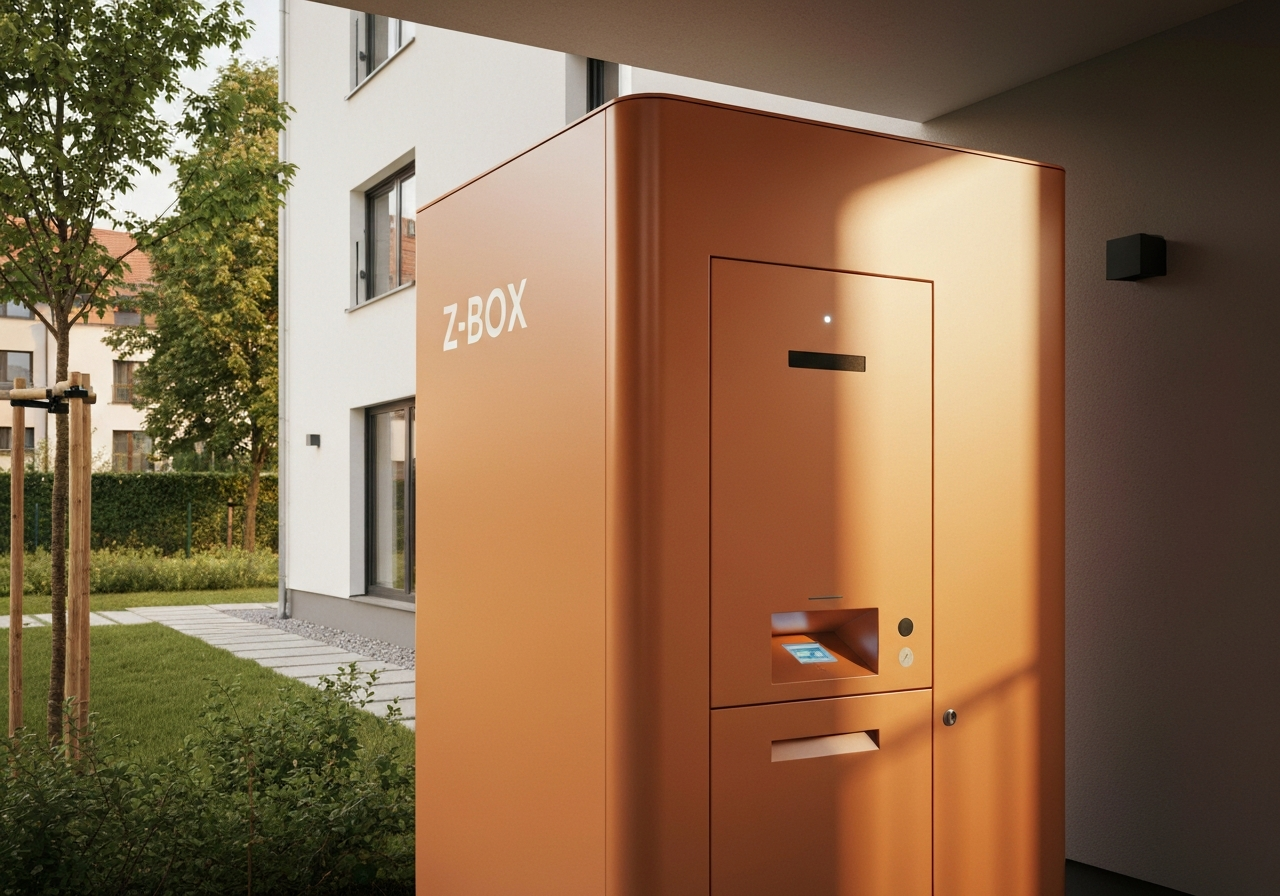 A sleek, modern Z-BOX automated parcel terminal situated in a clean, contemporary residential area in Vejprnice, soft natural light, editorial photography, 85mm lens, high quality, no text, no words, no letters.