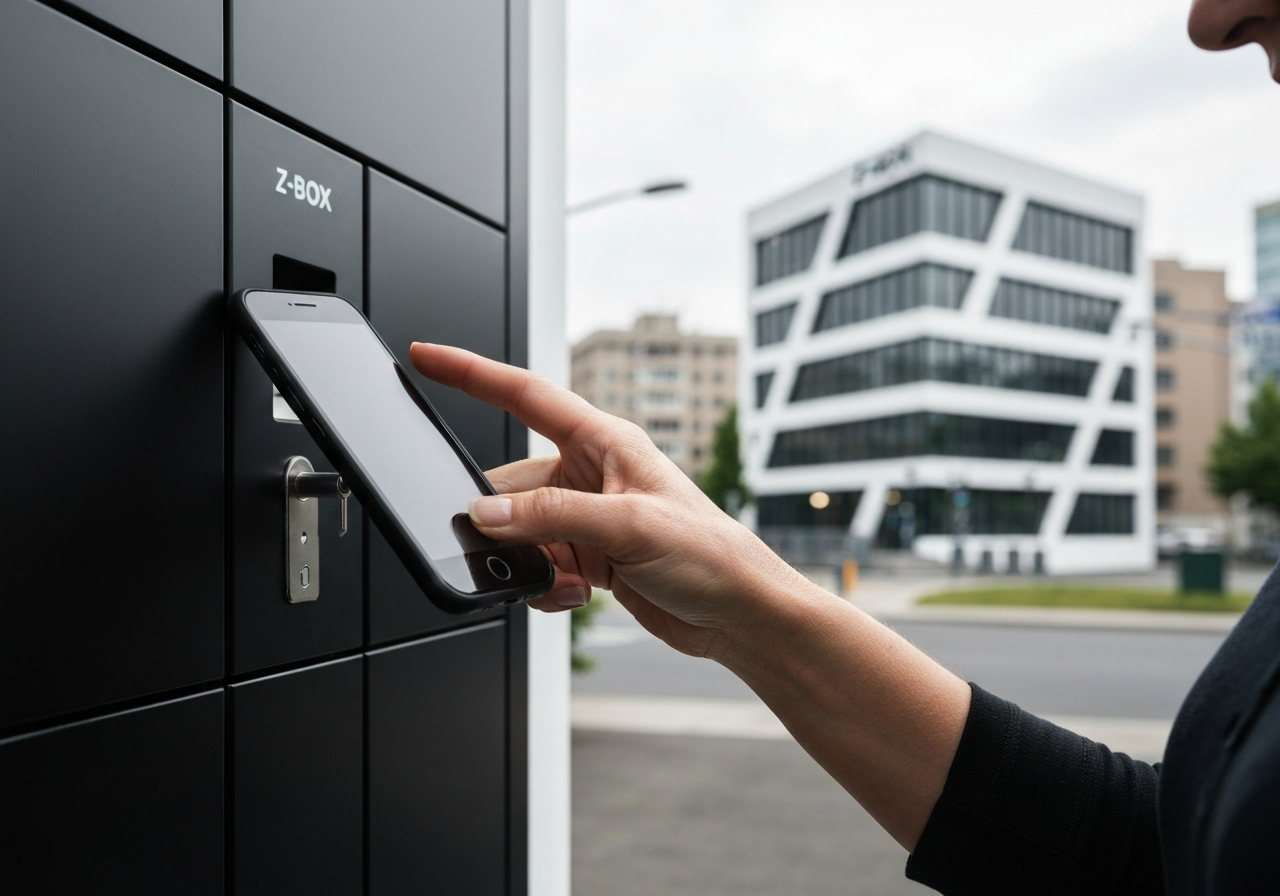 A close-up of a person's hand using a smartphone to open a smart locker, modern Z-BOX facility in the background, clean urban environment, editorial photography, soft natural light, 85mm lens, highly detailed, no text, no words, no letters