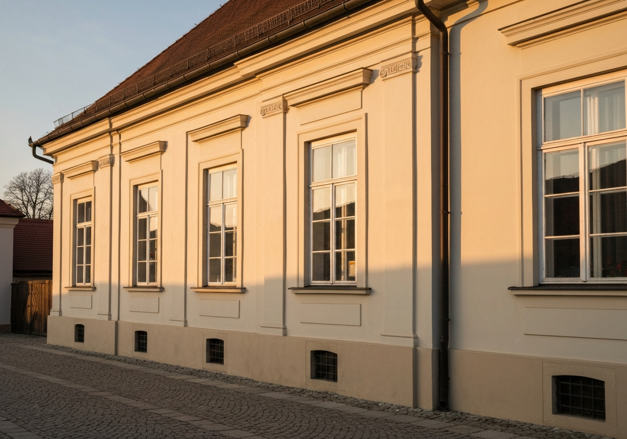 Exterior view of a traditional Czech post office building in Lednice, historical architecture with clean facade, soft morning sunlight, editorial photography, 85mm lens, high quality, no text, no letters